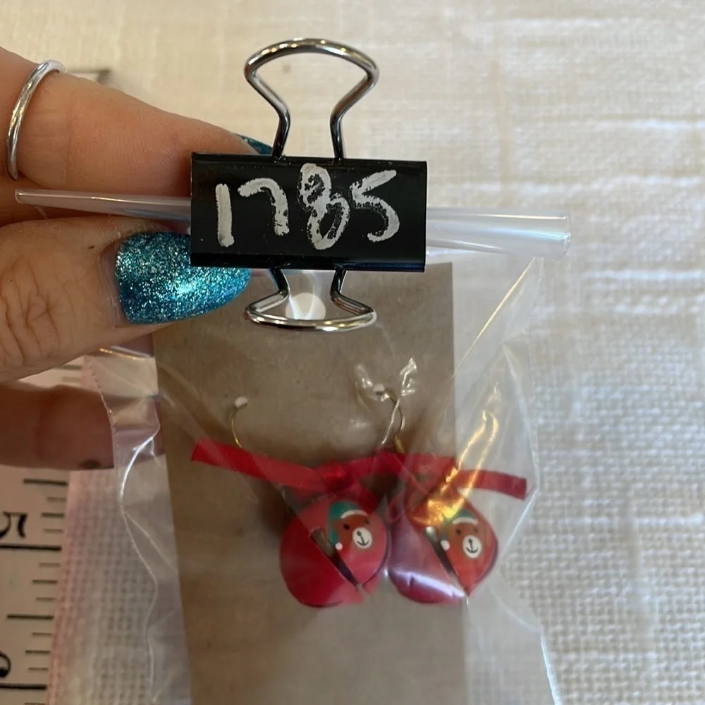 💐5/25 Christmas bear red bow jingle bells earrings holiday novelty